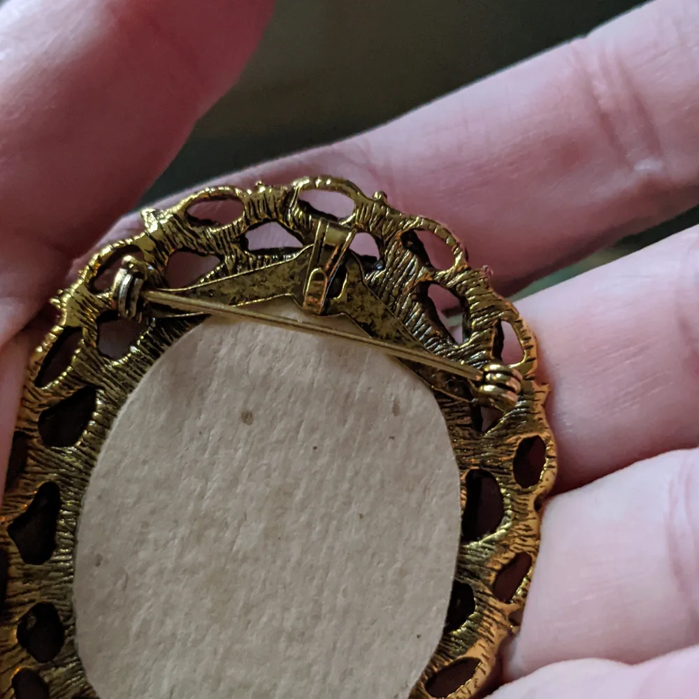 Vintage Embroidered Linen Flower Gold  Framed Coquette Brooch Pin Pendant